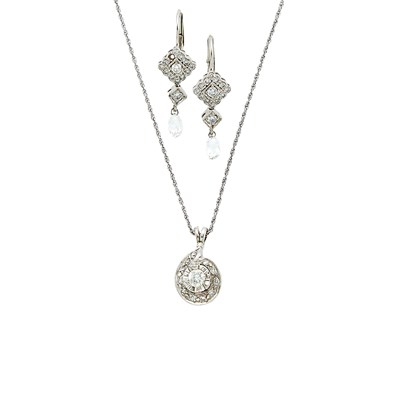 Lot 1216 - Pair of White Gold and Diamond Pendant-Earrings and Pendant with Chain Necklace