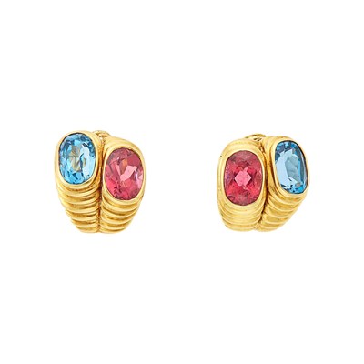 Lot 1064 - Pair of Gold, Pink Tourmaline and Blue Topaz Earrings