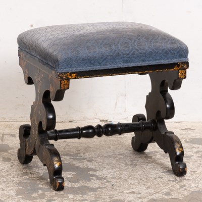 Lot 2 - Black Painted Gilt Decorated Upholstered Stool