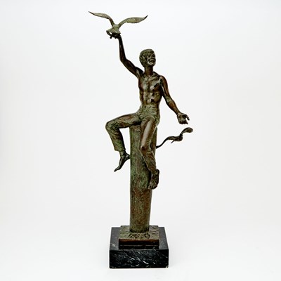 Lot 307 - American Green and Brown Patinated Bronze Figure of a Boy Feeding Seagulls