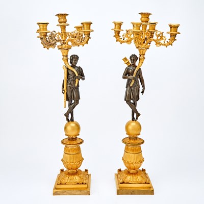 Lot 463 - Pair of Empire Gilt and Patinated Bronze Figural Five-Light Candelabra