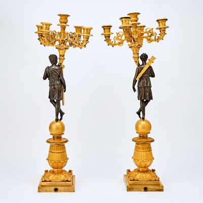 Lot 463 - Pair of Empire Gilt and Patinated Bronze Figural Five-Light Candelabra