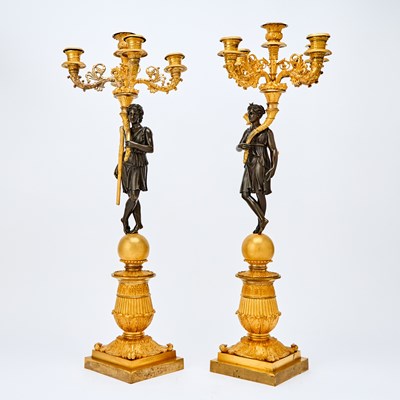 Lot 463 - Pair of Empire Gilt and Patinated Bronze Figural Five-Light Candelabra