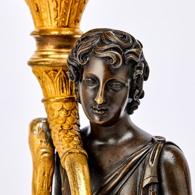 Lot 463 - Pair of Empire Gilt and Patinated Bronze Figural Five-Light Candelabra