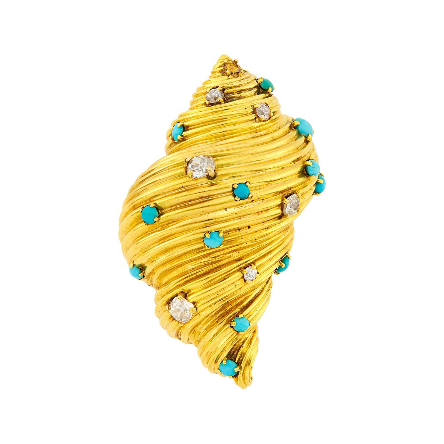 Lot 1094 - Tiffany & Co. Gold, Turquoise and Diamond Sea Shell Clip-Brooch, France