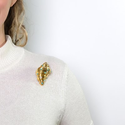 Lot 1094 - Tiffany & Co. Gold, Turquoise and Diamond Sea Shell Clip-Brooch, France