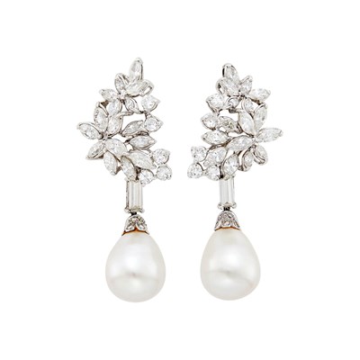 Lot 150 - Pair of White Gold, Diamond and Cultured Pearl Pendant-Earrings