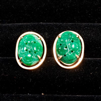 Lot 209 - Pair of 10KT Gold And Jade Earrings