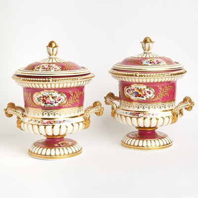 Lot 630 - Pair Chamberlain’s Worcester Porcelain Burgundy-Ground Two-Handled Fruit Coolers, Liners and Covers