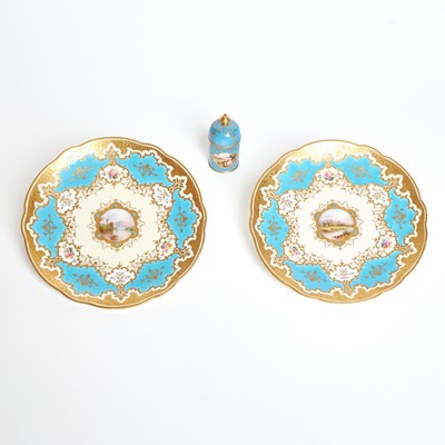 Lot 647 - Two Coalport Porcelain Turquoise-Ground ‘Jeweled’ Landscape Cabinet Plates