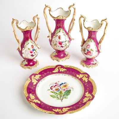 Lot 185 - Assembled Three-Piece English Porcelain Maroon-Ground Two-Handled Garniture