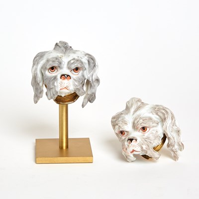 Lot 101 - Two Samson Porcelain Gilt-Metal Mounted Bolognese Hound Head Snuff-Boxes and Covers