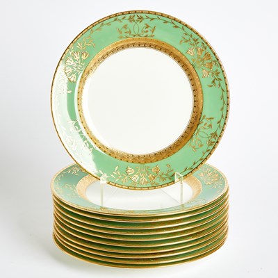 Lot 612 - Eleven Mintons Porcelain Apple-Green Ground Gilt-Decorated Plates