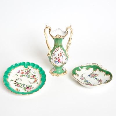 Lot 657 - Three English Porcelain Green Ground Table Articles