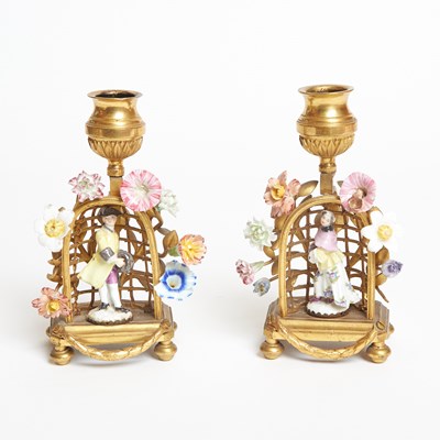 Lot 130 - Pair of Meissen Porcelain Figural Gilt-Bronze Arcade and Tole Branch Chambersticks