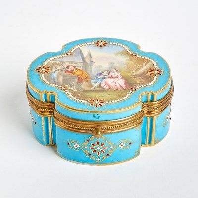 Lot 87 - Sevres Style Porcelain ‘Jeweled’ Turquoise Ground Quatrefoil Jewel Box and Cover