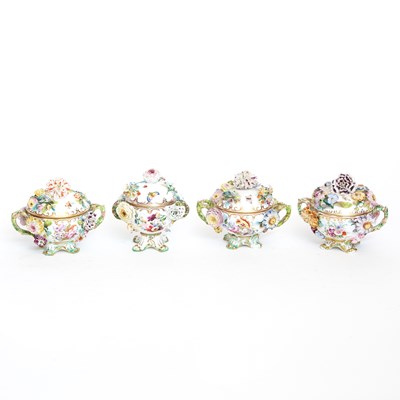 Lot 299 - Group of Four English Porcelain Two-Handled Flower-Encrusted Footed Bowls and Covers