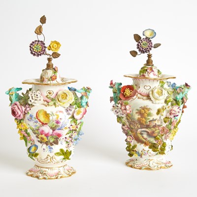 Lot 337 - Pair of English Porcelain Flower-Encrusted Vine-Handled Vases and Covers