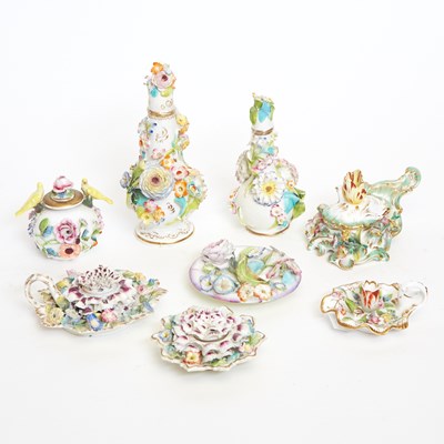 Lot 88 - Group of Eight English Porcelain Flower-Encrusted Toilet Table Objects