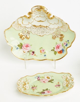 Lot 651 - Two Mason’s Porcelain Mint-Green Ground Gilt-Decorated Cabbage-Leaf Molded Dessert Dishes