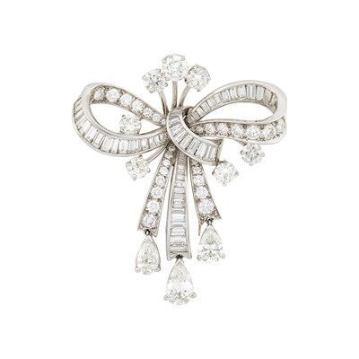 Lot 224 - Platinum and Diamond Bow Clip-Brooch with White Gold Mesh Necklace