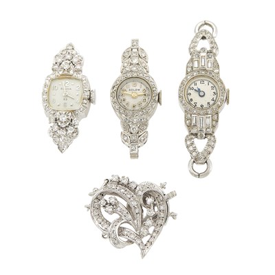 Lot 1144 - Three Platinum and Diamond Wristwatches and White Gold Clasp