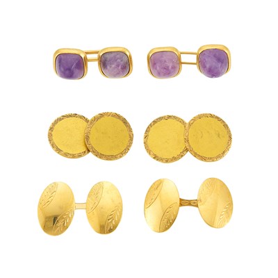 Lot 1084 - Three Pairs of Gold and Amethyst Cufflinks