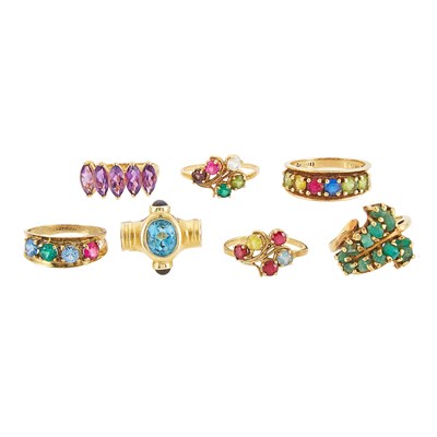 Lot 2412 - Seven Gold, Low Karat Gold and Gem-Set Rings