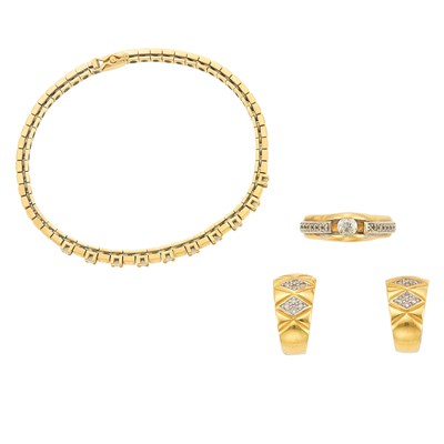 Lot 1098 - Two-Color Gold and Diamond Ring and Pair of Earrings and Bracelet