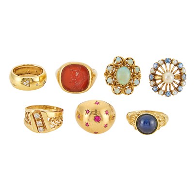 Lot 2411 - Seven Gold, Simulated and Gem-Set Rings