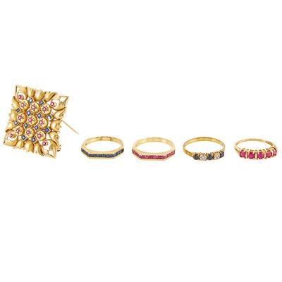 Lot 1325 - Four Gold, Sapphire, Ruby and Diamond Rings and Brooch