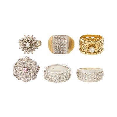 Lot 1280 - Six Yellow and White Gold, Silver, Simulated Stone and Diamond Rings