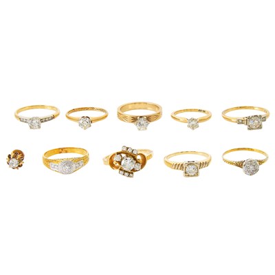 Lot 2414 - Nine Gold and Diamond Rings and Single Earring