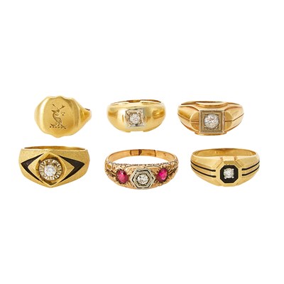 Lot 1201 - Group of Gold, Low Karat Gold, Diamond, Simulated Diamond and Synthetic Ruby Rings