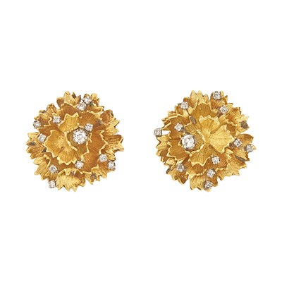 Lot 1007 - Pair of Two-Color Gold and Diamond Flower Earclips