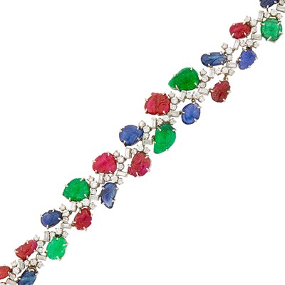 Lot 217 - Platinum, Carved Sapphire, Ruby and Emerald and Diamond 'Tutti Frutti' Bracelet