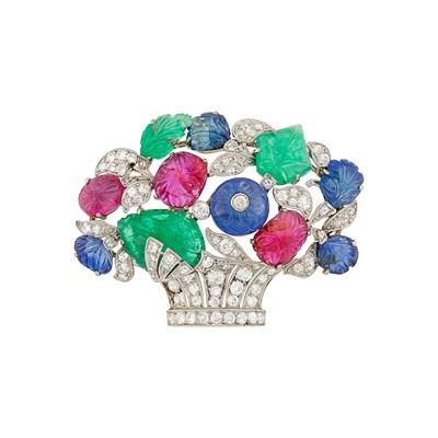 Lot 216 - Platinum, White Gold, Carved Colored Stone and Diamond 'Tutti Frutti' Flower Basket Brooch