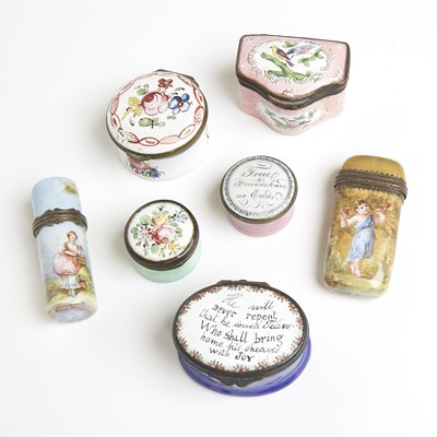 Lot 342 - Group of Seven Continental Enamel Patch Boxes and Scent Flasks