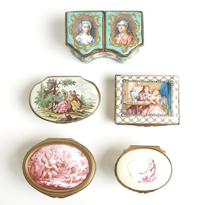 Lot 343 - Five Enamel and Porcelain Snuff Boxes