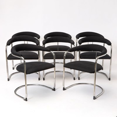 Lot 446 - Set of Eight Thonet Chromed Metal and Upholstered Dining Armchairs