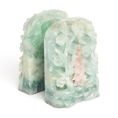 Lot 598 - Pair of Chinese Rose Quartz and Jadeite Bookends