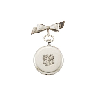 Lot 2252 - Platinum and Diamond Open Face Pocket Watch with Silver Bow Pin