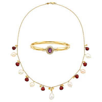 Lot 1282 - Two-Color Gold, Amethyst and Diamond Bangle Bracelet and Gold, Freshwater Pearl, Garnet and Citrine Bead Necklace