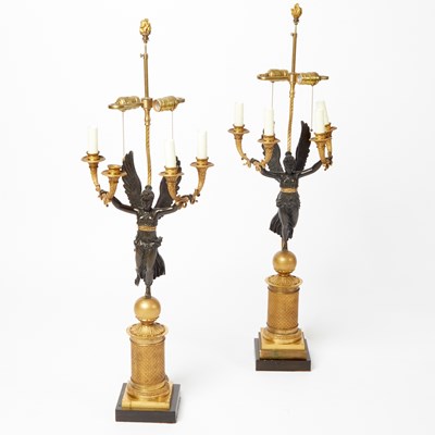 Lot 637 - Pair of French Empire Gilt and Patinated Bronze Figural Candelabra Made Into Table Lamps