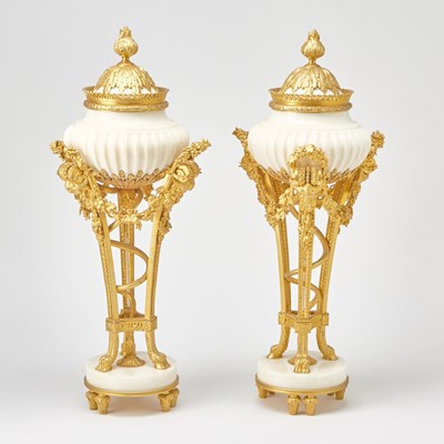 Lot 634 - Pair of Louis XVI Style Ormolu Mounted White Marble Cassolettes