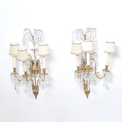 Lot 327 - Pair of Neoclassical Bronze and Glass Three-Light Sconces