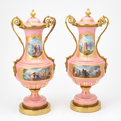 Lot 609 - Pair of Louis XVI Style Gilt-Bronze Mounted Porcelain Two-Handled Covered Vases