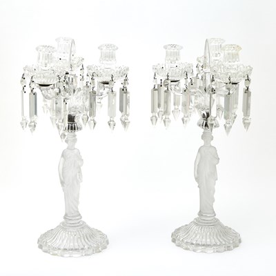 Lot 639 - Pair of Baccarat Molded Glass Figural Three-Light Candelabra