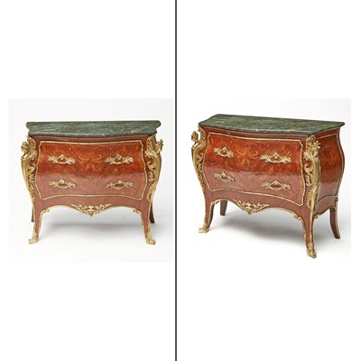 Lot 286 - Pair of Louis XV Style Marble Top Inlaid Kingwood Commodes