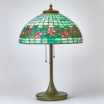 Lot 627 - Handel Co. Patinated Metal and Leaded Glass Table Lamp